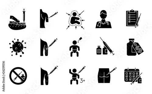 Vaccination and immunization glyph icons set