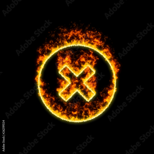 The symbol times circle burns in red fire