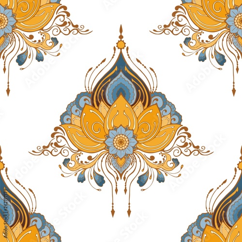indian lotus flower vector seamless-pattern mehndi henna tattoo style yoga meditation or zen decoration background with yellow brown and blur tone
