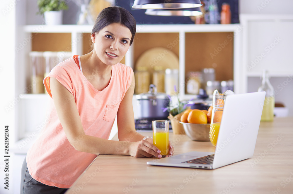 Young woman in kitchen with laptop computer looking recipes, smiling. Food blogger concept Young woman in kitchen with laptop computer looking recipes, smiling. Food blogger concept