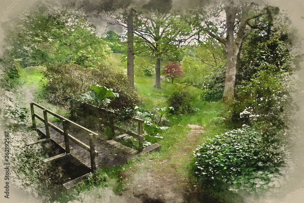 Watercolour painting of Landscape image of beautiful vibrant lush green forest woodland scene Watercolour painting of Landscape image of beautiful vibrant lush green forest woodland scene