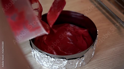 Wallpaper Mural Making cake Red velvet at home. Pouring the dough into the mold. Large frame Torontodigital.ca