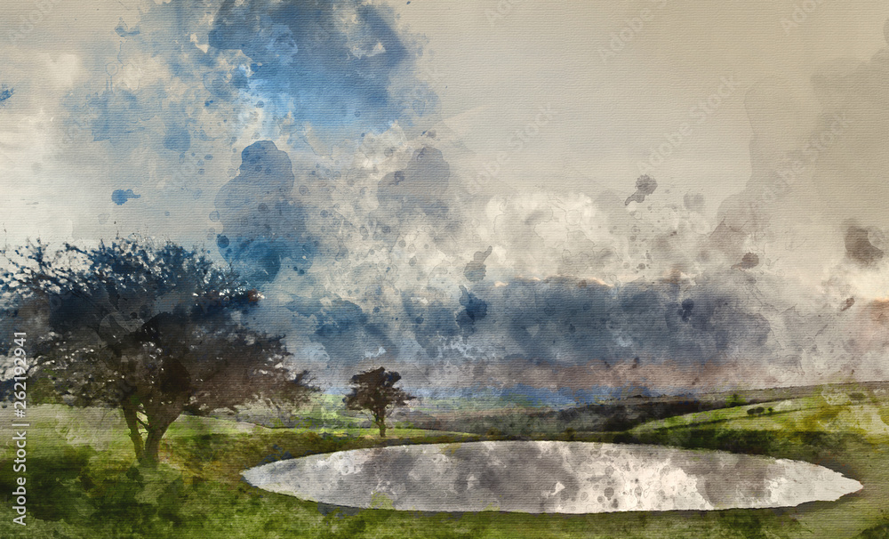 Watercolor painting of Naturally formed dew pond in countryside landscape with moody sky