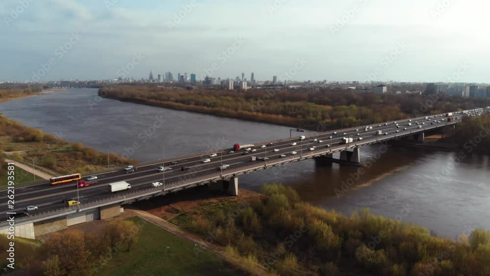 Aerial view, flying towards a highway bridge leading towards Warsaw. Aerial view, flying towards a highway bridge leading towards Warsaw.