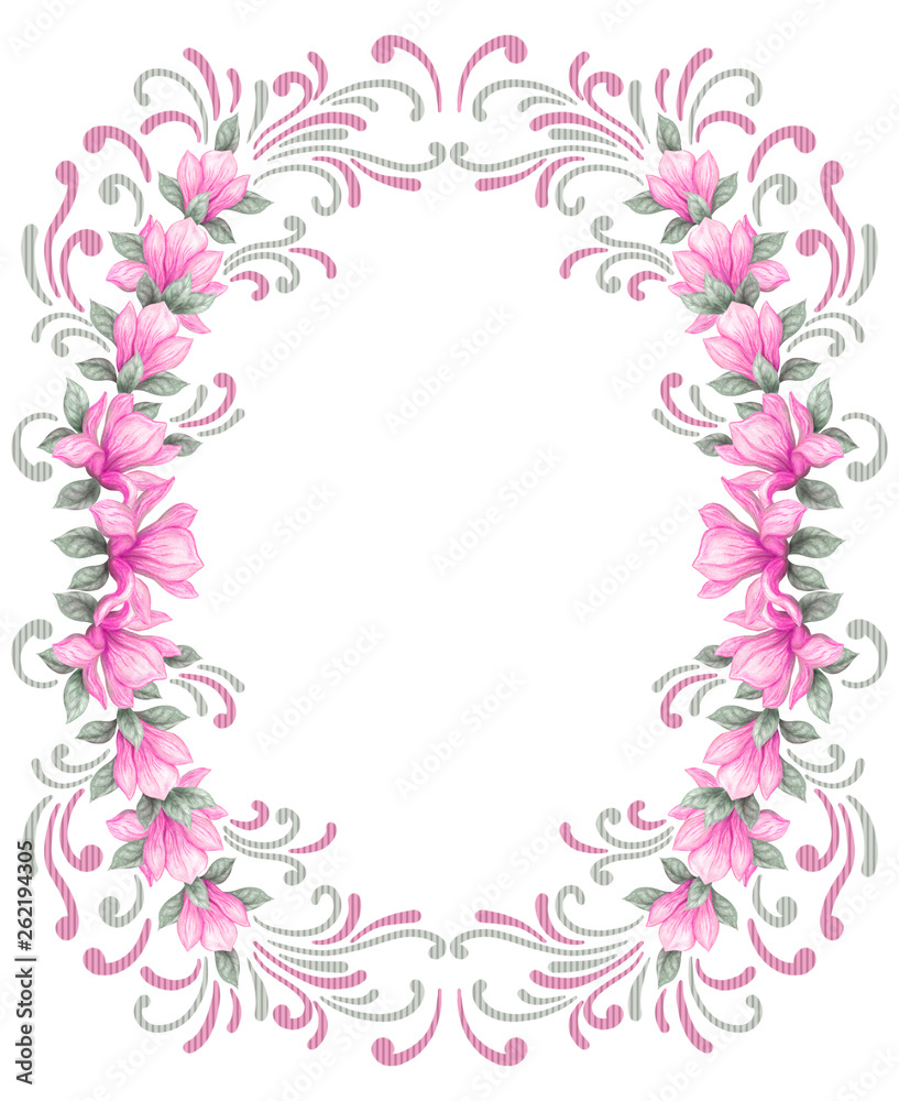 Hand drawn painting watercolor pencils and paints pink magnolia flowers isolated on white background