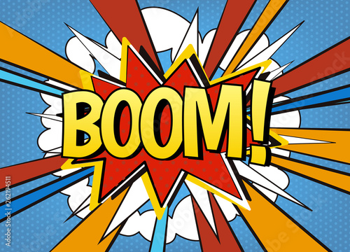 Comic speech bubble Boom! Explosive comic book, comics style vector template, pop art carto photo