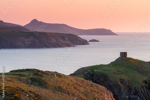 Dramatic Coastline at Sunset with watchtower, Abereiddy, Pembrokeshire, Wales