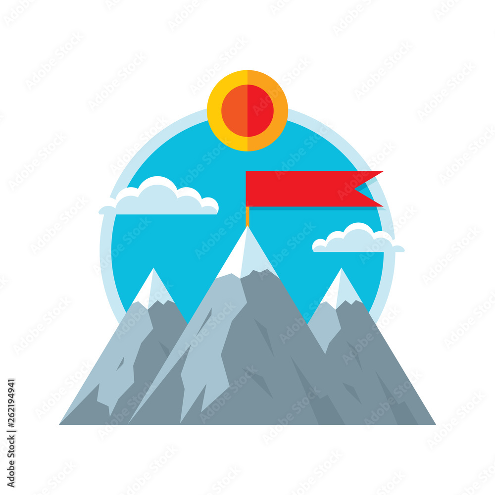 Mission red flag on mountain. Flat style vector illustration. Landscape graphic design. Climbing concept banner.