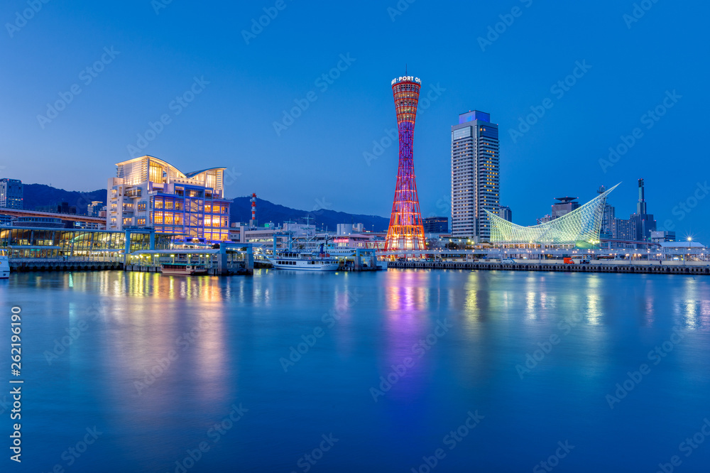 Port of Kobe skyline at night in Kansai, Japan