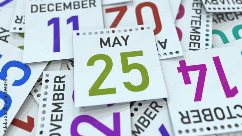 May 25 date on calendar leaf among other leaves, 3D animation May 25 date on calendar leaf among other leaves, 3D animation