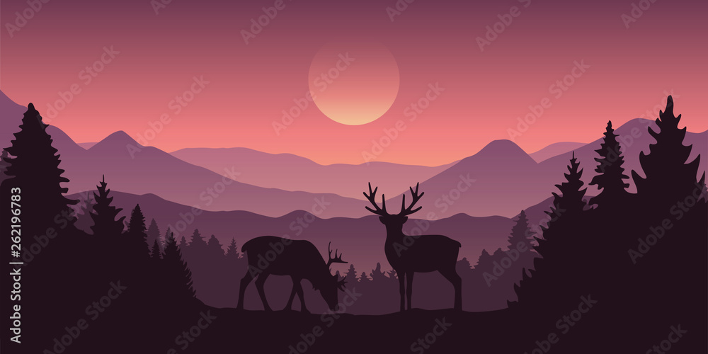 two reindeer in the mountains with forest landscape vector illustration EPS10