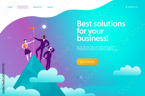 Vector web page design template - business solutions, consulting, marketing, support concept. People standing on mountain peak with winner flag. Success team work. Landing page. Mobile app, web banner