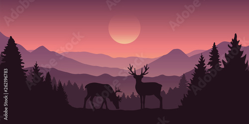 two reindeer in the mountains with forest landscape vector illustration EPS10