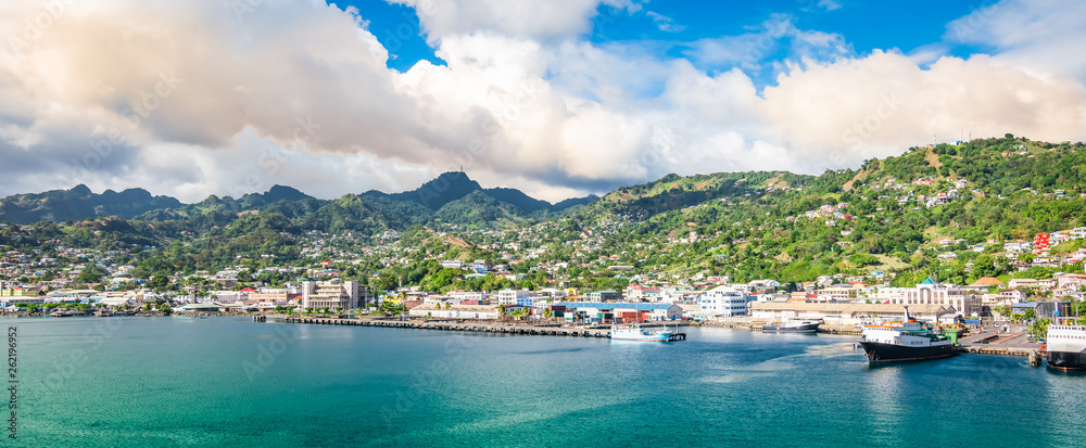 Panorama landscape of Kingstown harbor, St Vincent and the Grenadines.