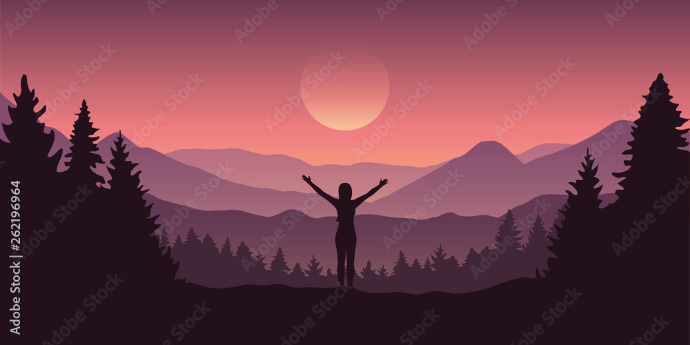 happy girl with raised arms at beautiful mountain and forest landscape vector illustration EPS10