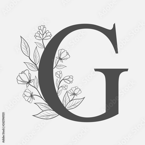 Uppercase Letter G with flowers and branches. Vector flowered monogram or logo. Hand Drawn concept. Botanical design branding. Composition of letter and flowers for wedding card, invitations, brand