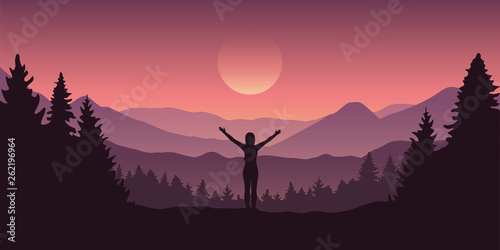 happy girl with raised arms at beautiful mountain and forest landscape vector illustration EPS10