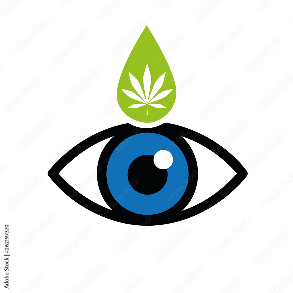 blue eye with green cannabis eye drop icon isolated on white background vector illustration EPS10 blue eye with green cannabis eye drop icon isolated on white background vector illustration EPS10