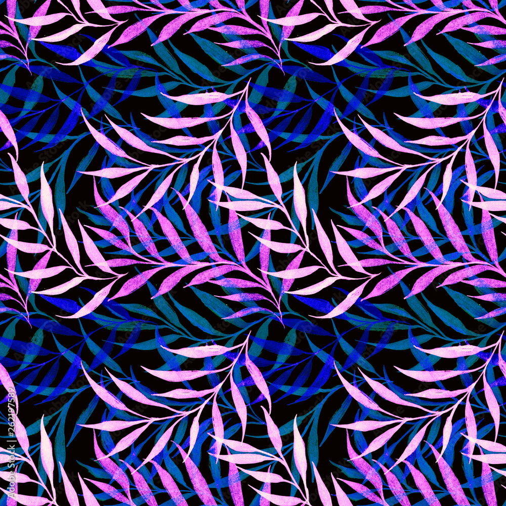 tropical plants of blue and violet colors drawn on a dark gray color tropical plants of blue and violet colors drawn on a dark gray color