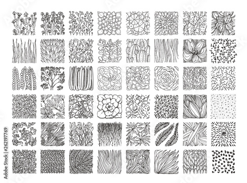 Botanical vector textures for organic branding, fashion textile and floral prints. Big collection of hand drawn floral ornament, herbal pattern, plant ornamentation isolated on black background.