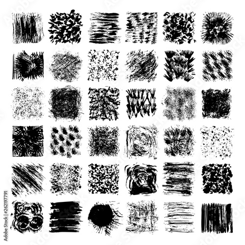 Urban textures, abstract grunge backdrops clipart collection isolated on white background. Big vector collection of design elements, brush strokes, grungy texture, grainy overlay patterns.