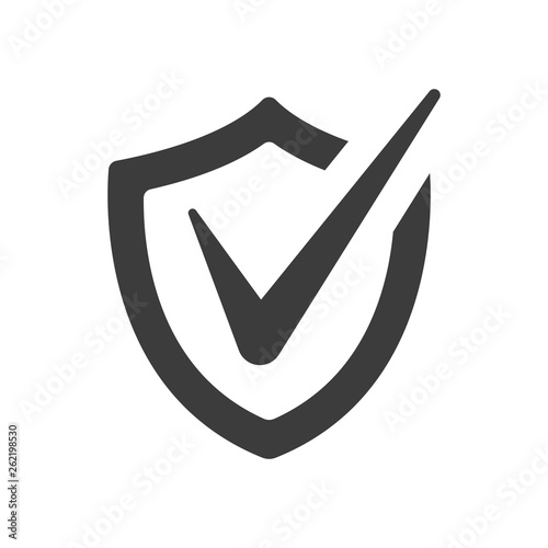 Shield with check mark icon on white background.