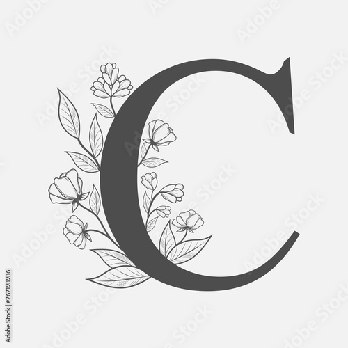 Uppercase Letter C with flowers and branches. Vector flowered monogram or logo. Hand Drawn concept. Botanical design branding. Composition of letter and flowers for wedding card, invitations, brand