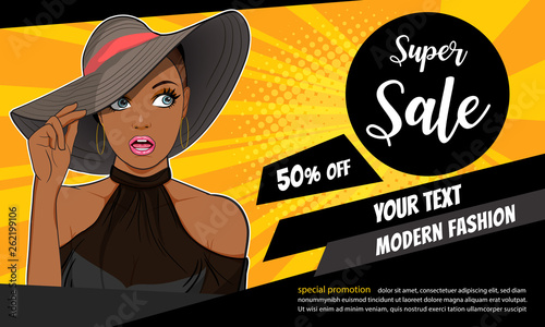 surprise black woman with finger on lips and sale promotion poster