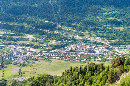 Mestia, Georgia - Jun 25 2018: Mestia town. a famous landscape in Caucasus Mountains, Mestia, Samegrelo-Zemo Svaneti, Georgia.