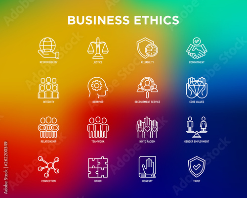 Business ethics thin line icons set: connection, union, trust, honesty, responsibility, justice, commitment, no to racism, teamwork, gender employment, core values. Modern vector illustration.