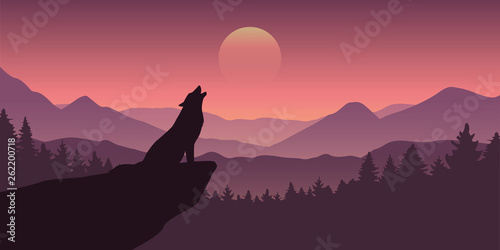 wolf howls at full moon purple wildlife nature landscape vector illustration EPS10