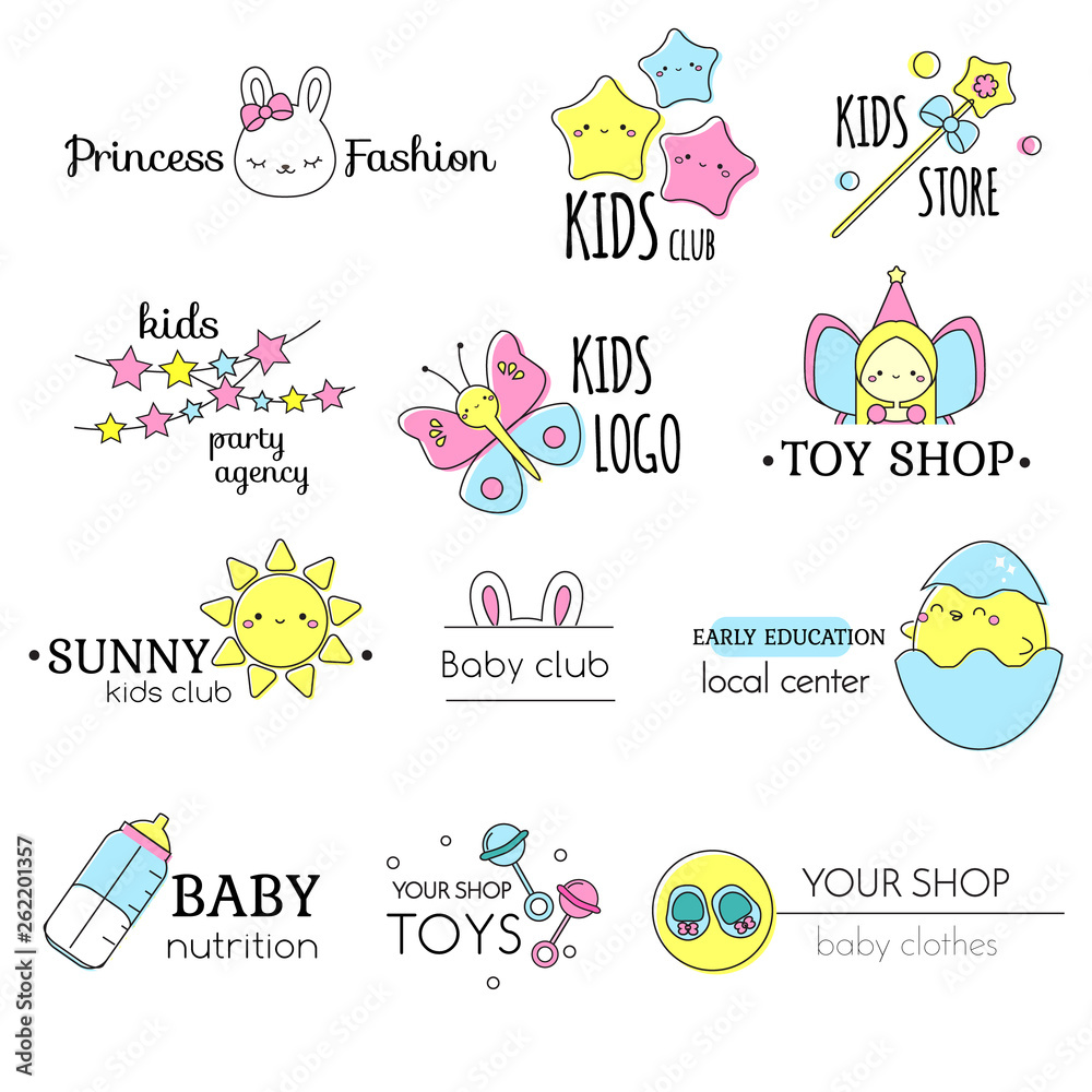 Kids and babies logo template set. Signs, labels for children clothes, toys, school and other business