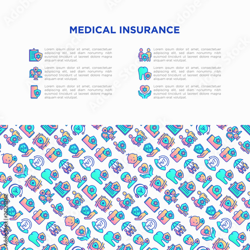 Medical insurance concept with thin line icons: policy, life insurance, psychological support, maternity program, 24/7 support, mobile app, telemedicine. Vvector illustration, template for print media