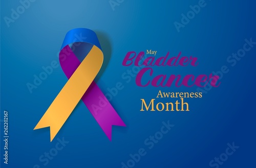 Bladder Cancer Awareness Calligraphy Poster Design. Realistic Marigold And Blue And Purple Ribbon. May is Cancer Awareness Month. Vector