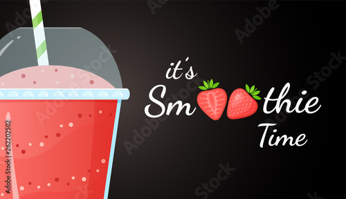 Red smoothie logo fruit shake vector illustration. Fresh smoothies drink with strawberries smoothie logo for drink energy promo landing page or summer fast food season menu. Clipping mask applied.