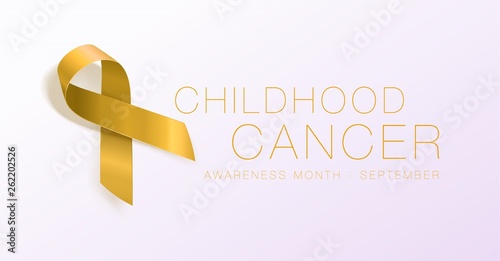 Childhood Cancer Awareness Calligraphy Poster Design. Realistic Gold Ribbon. September is Cancer Awareness Month. Vector
