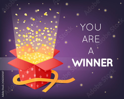 Red gift box with stars and tinsel and confetti. Opened surprise with ribbons. Party explosions. Voucher or banner design.  Vector illustration, cartoon 3d style.