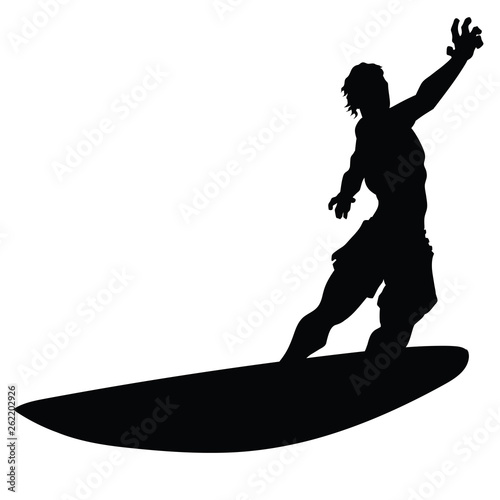 A silhouette of a man on the surfboard, white background