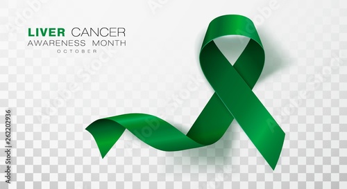 Liver Cancer Awareness Month. Emerald Green Color Ribbon Isolated On Transparent Background. Vector Design Template For Poster.