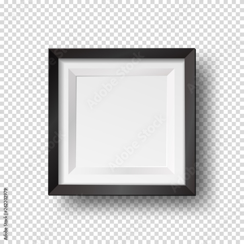 Vector realistic square empty picture frame. Mockup template with black frame boarder isolated on transparent background.