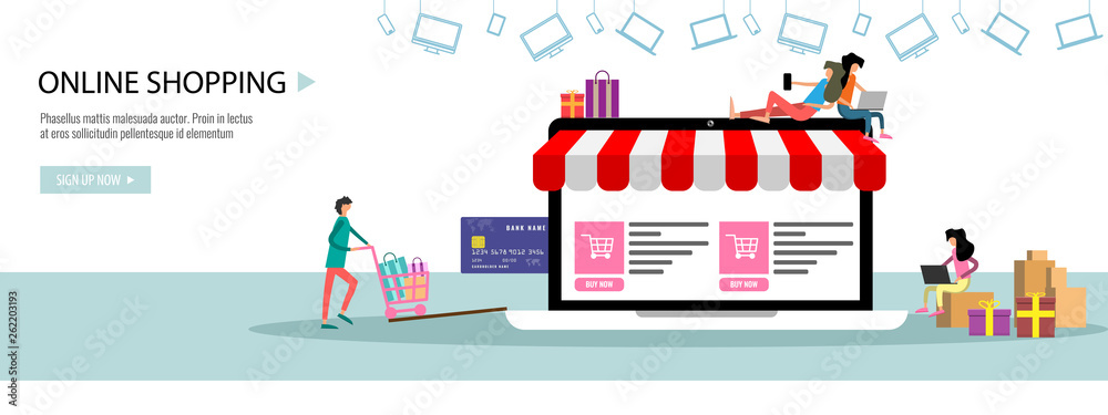 Online shopping or online store concept Landing page template or banner with tiny people big laptop credit card. Flat color vector illustration. Online shopping or online store concept Landing page template or banner with tiny people big laptop credit card. Flat color vector illustration.