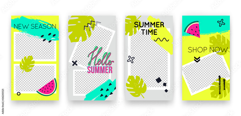 Obraz Vector trendy tropic editable set of templates for social media networks stories. Modern summer design backgrounds for flyers, cards, posters