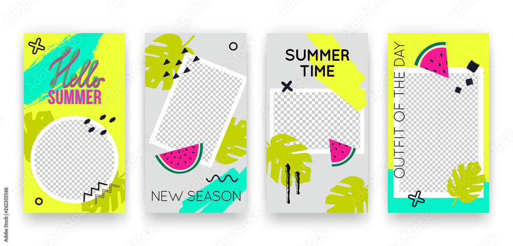 Vector trendy tropic editable set of templates for social media networks stories. Modern summer design backgrounds for flyers, cards, posters
