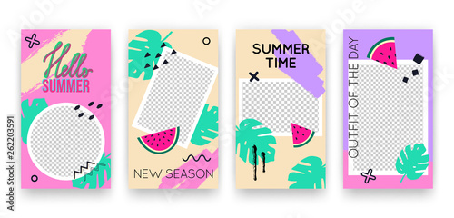 Vector trendy tropic editable set of templates for social media networks stories. Modern summer design backgrounds for flyers, cards, posters