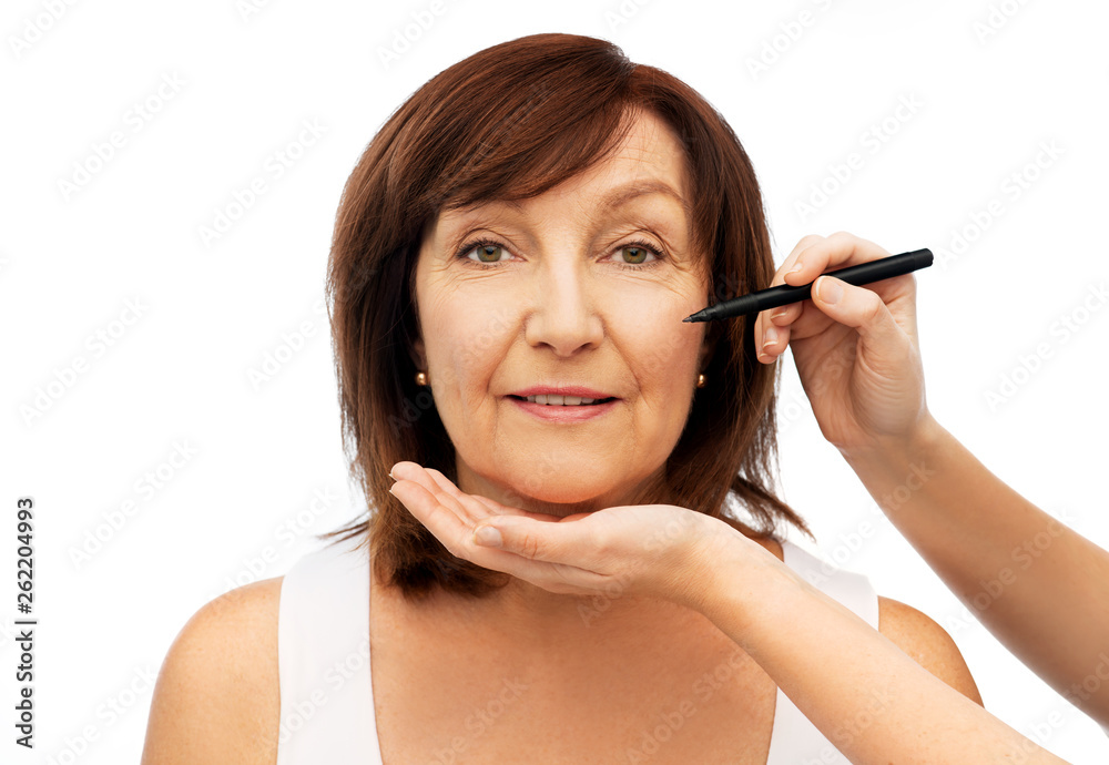 beauty, cosmetic surgery and cosmetology concept - senior woman and hands with marker over white background beauty, cosmetic surgery and cosmetology concept - senior woman and hands with marker over white background