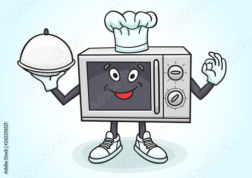 Microwave cartoon character chef loves to cook food.
