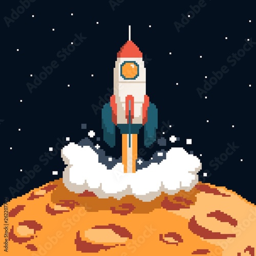 Pixel art rocket taking off from the surface of the moon