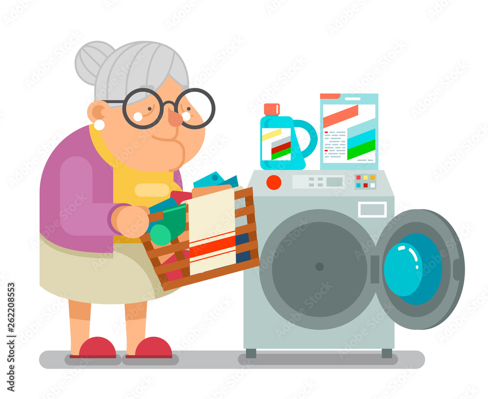 Old woman lady wash dirty clothes laundry washing machine household granny  character cartoon flat design vector illustration Stock Vector | Adobe Stock