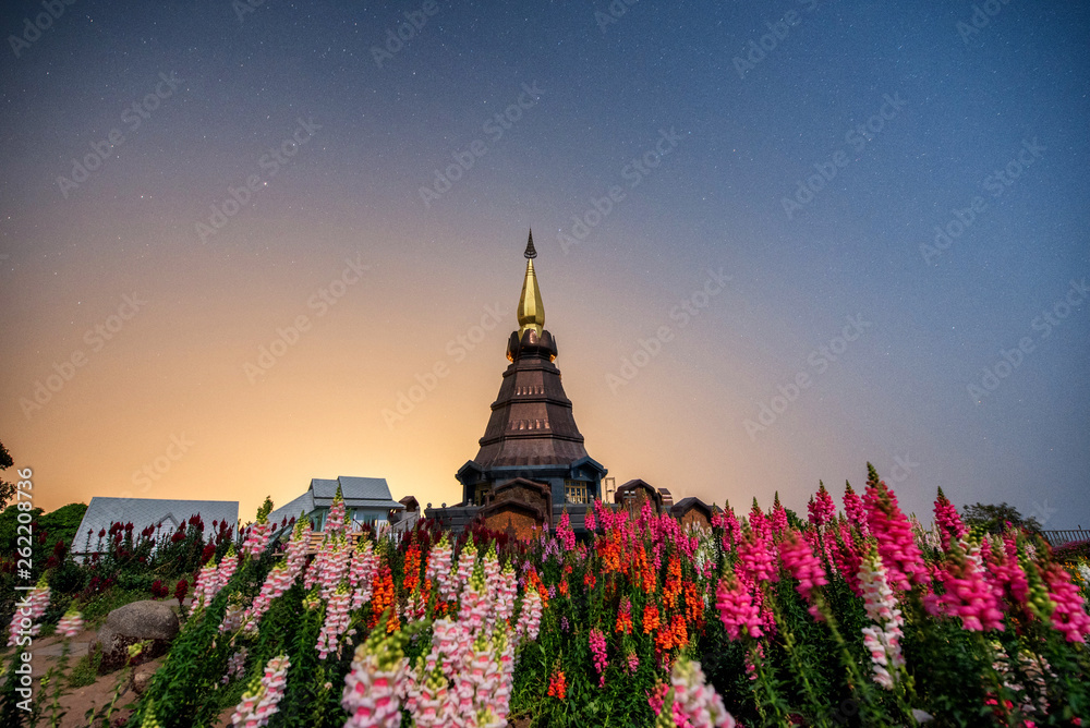 Beautiful Night and star Landscape view of two pagoda (noppha methanidon-noppha phon phum siri stupa) in top of an Inthanon mountain, chiang mai, Thailand.