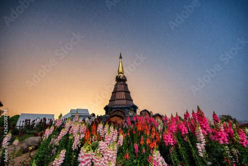 Beautiful Night and star Landscape view of two pagoda  noppha methanidon-noppha phon phum siri stupa  in top of an Inthanon mountain  chiang mai  Thailand.